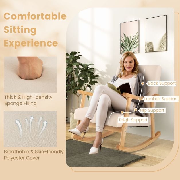 Upholstered Rocking Chair Modern Rocker with Rubber Wood Frame-Beige