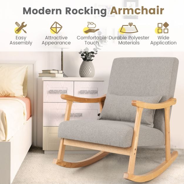 Upholstered Rocking Chair Modern Rocker with Rubber Wood Frame-Grey
