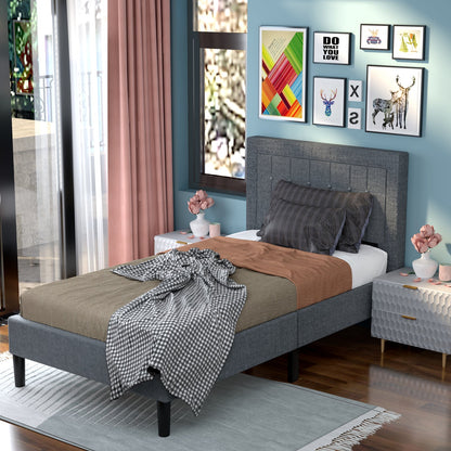 Upholstered Single Bed Frame with High Headboard-Grey