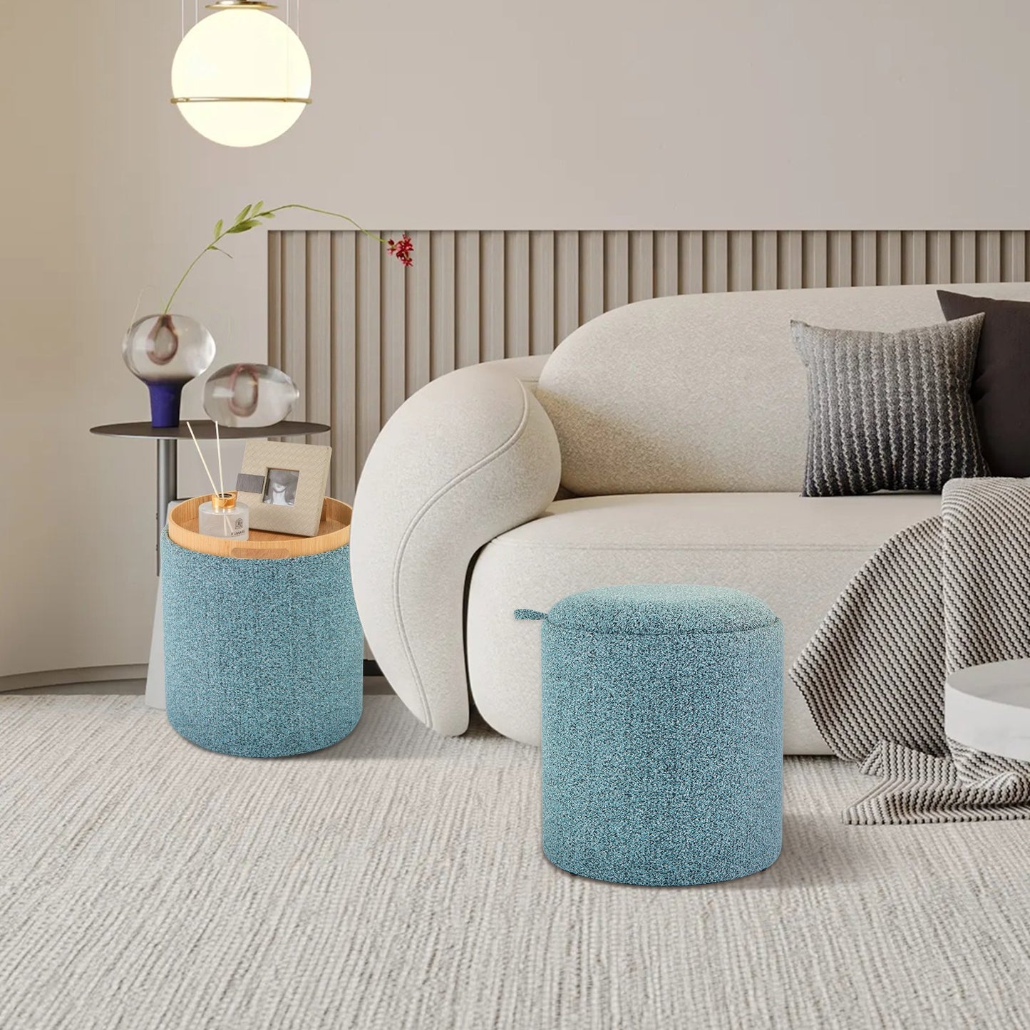 Upholstered Storage Round Ottoman Set of 2 with Reversible Tray-Blue