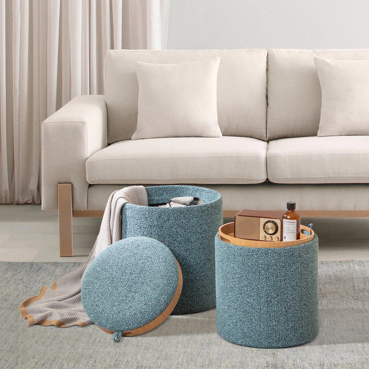 Upholstered Storage Round Ottoman Set of 2 with Reversible Tray-Blue