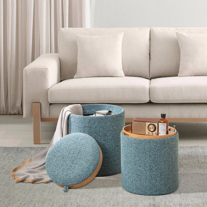 Upholstered Storage Round Ottoman Set of 2 with Reversible Tray-Blue