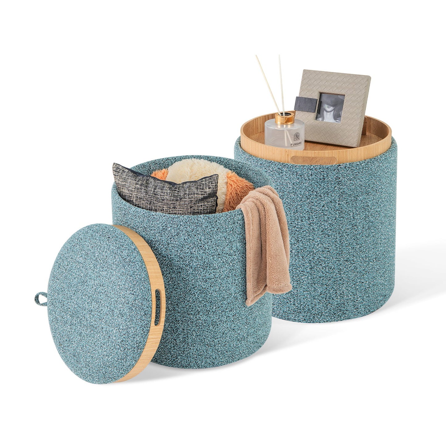 Upholstered Storage Round Ottoman Set of 2 with Reversible Tray-Blue