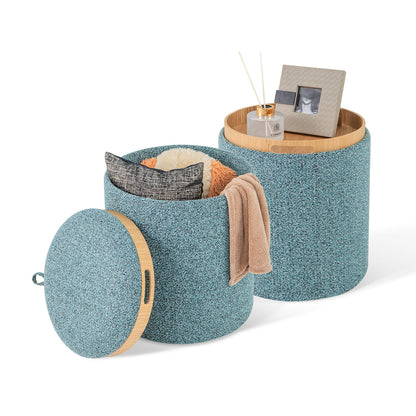 Upholstered Storage Round Ottoman Set of 2 with Reversible Tray-Blue