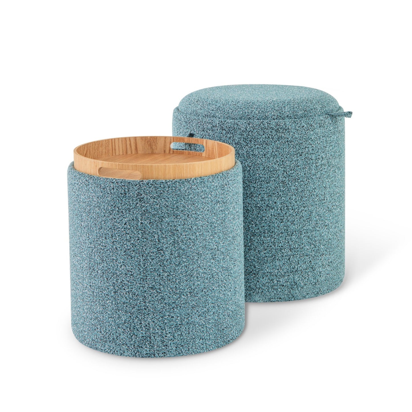 Upholstered Storage Round Ottoman Set of 2 with Reversible Tray-Blue