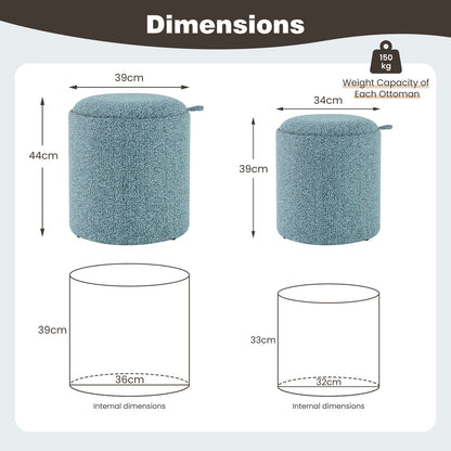 Upholstered Storage Round Ottoman Set of 2 with Reversible Tray-Blue
