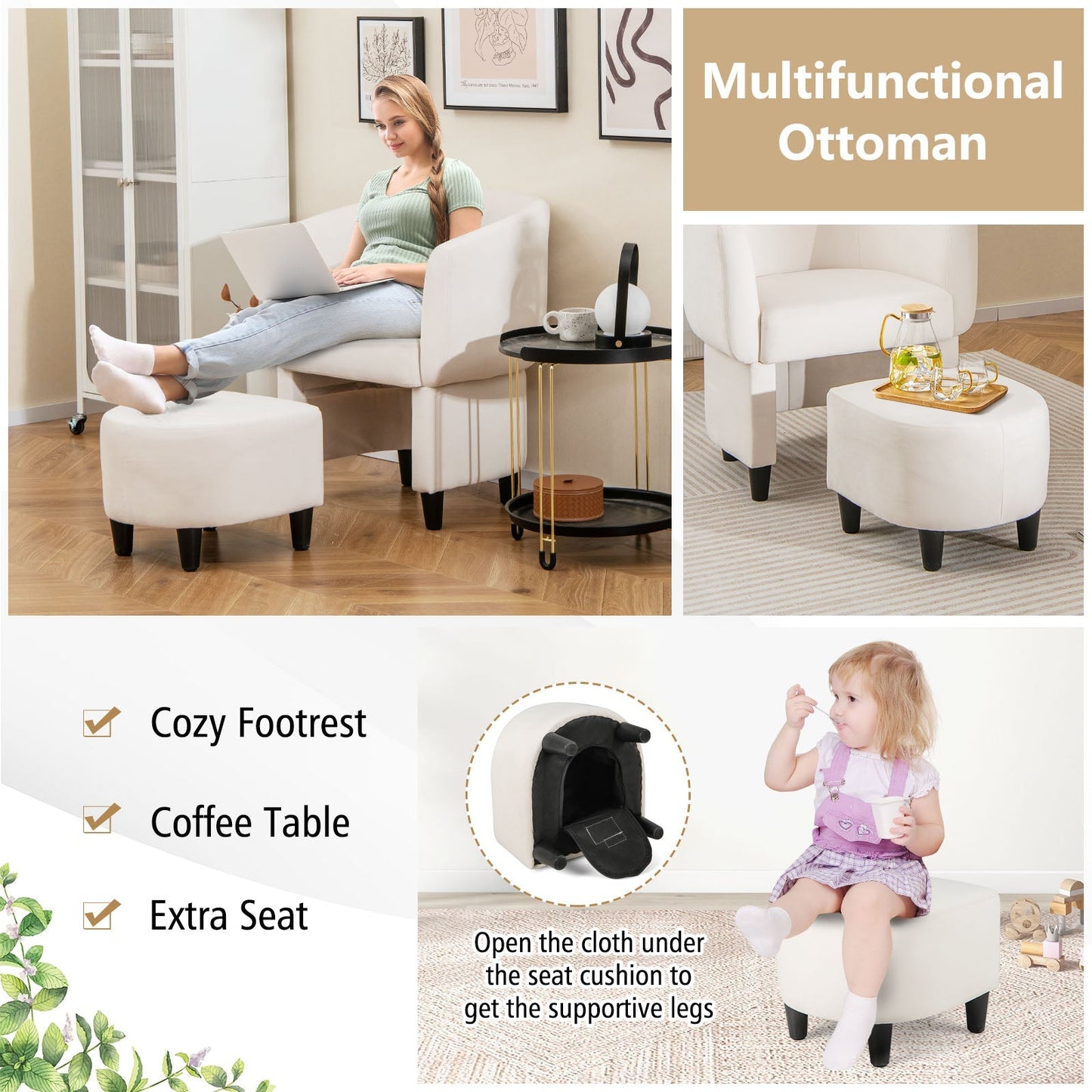 Upholstered Velvet Barrel Chair Modern Club Chair with Ottoman-Beige