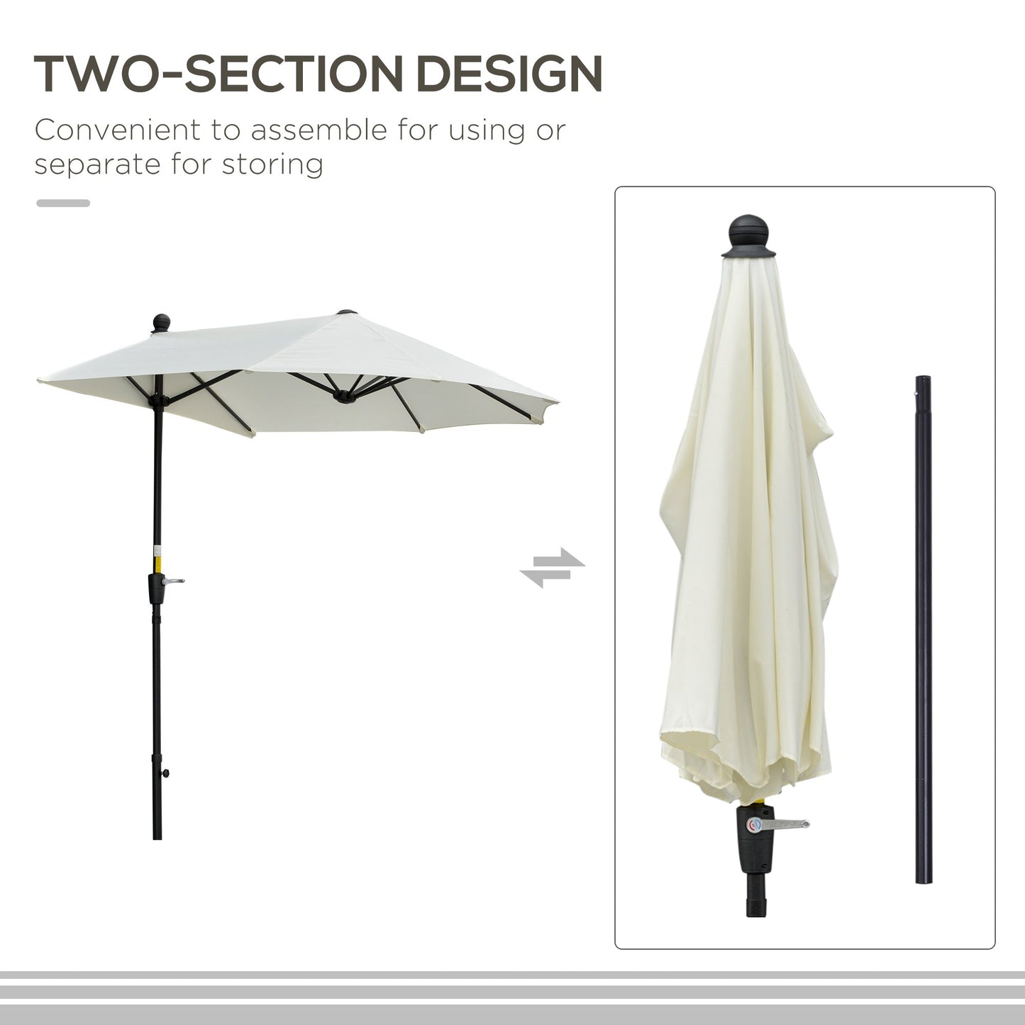 Outsunny 2m Half Parasol Market Umbrella Garden Balcony Parasol with Crank Handle, Base, Double-Sided Canopy, Cream White