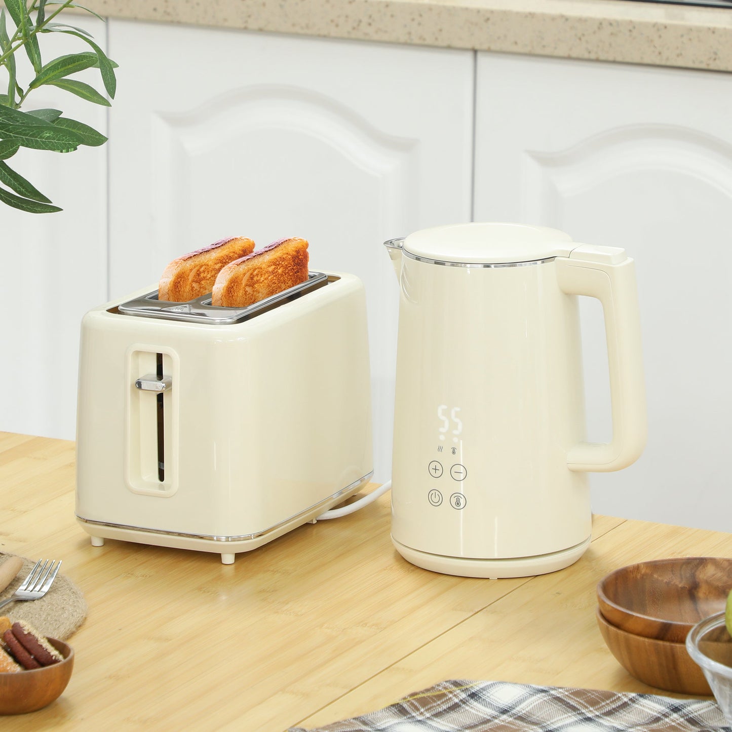 HOMCOM Digital Stainless Steel Kettle and Toaster Set, 1.5L 3000W Fast Boil Kettle, 2 Slice Toaster with 7 Level Browning Controls, Defrost, Reheat, Keep Warm, Crumb Tray and LED Touch Display, Beige