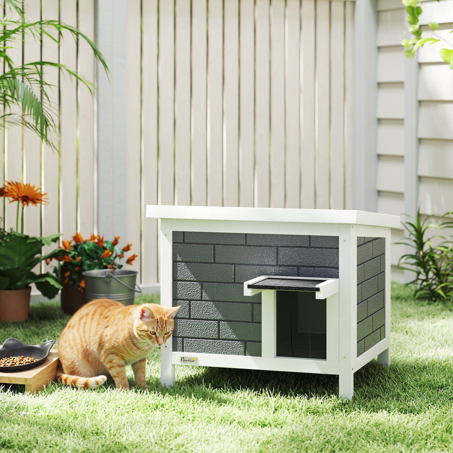 PawHut Outdoor Cat House Insulated with Openable Roof, Weatherproof Feral Cat Shelter for Rabbits, Cats, Grey