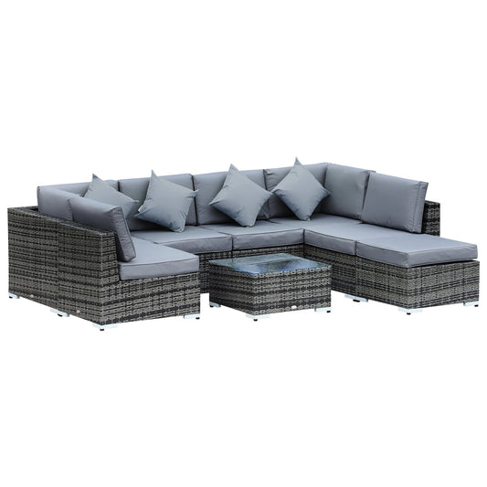 Outsunny 8 Piece Rattan Corner Sofa Set with Wide & Deep Seat, Assembled Aluminium PE Rattan Garden Furniture Set with Thick Cushions and Glass Top Table for Outdoor, Conservatory, Grey