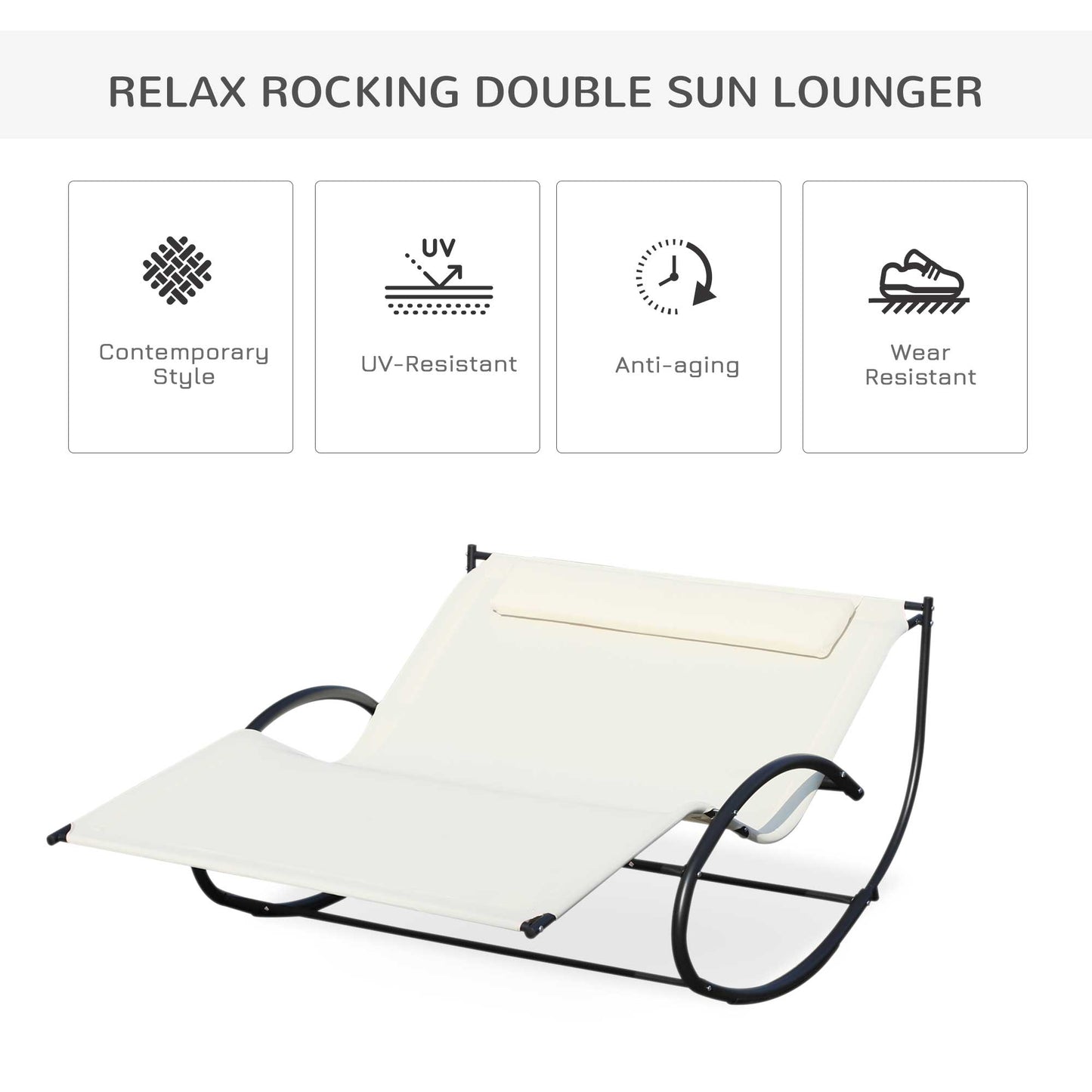 Outsunny Double Sun Lounger, Rocking Lounger Sunbed Daybed with Armrest and Headrest Pillow, for Two, For Outdoor Patio Garden, Cream White