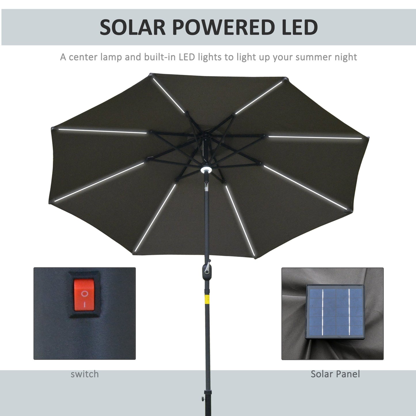 2.7m Garden Parasol Sun Umbrella Patio Summer Shelter w/ LED Solar Light, Angled Canopy Vent, Crank Tilt, Grey