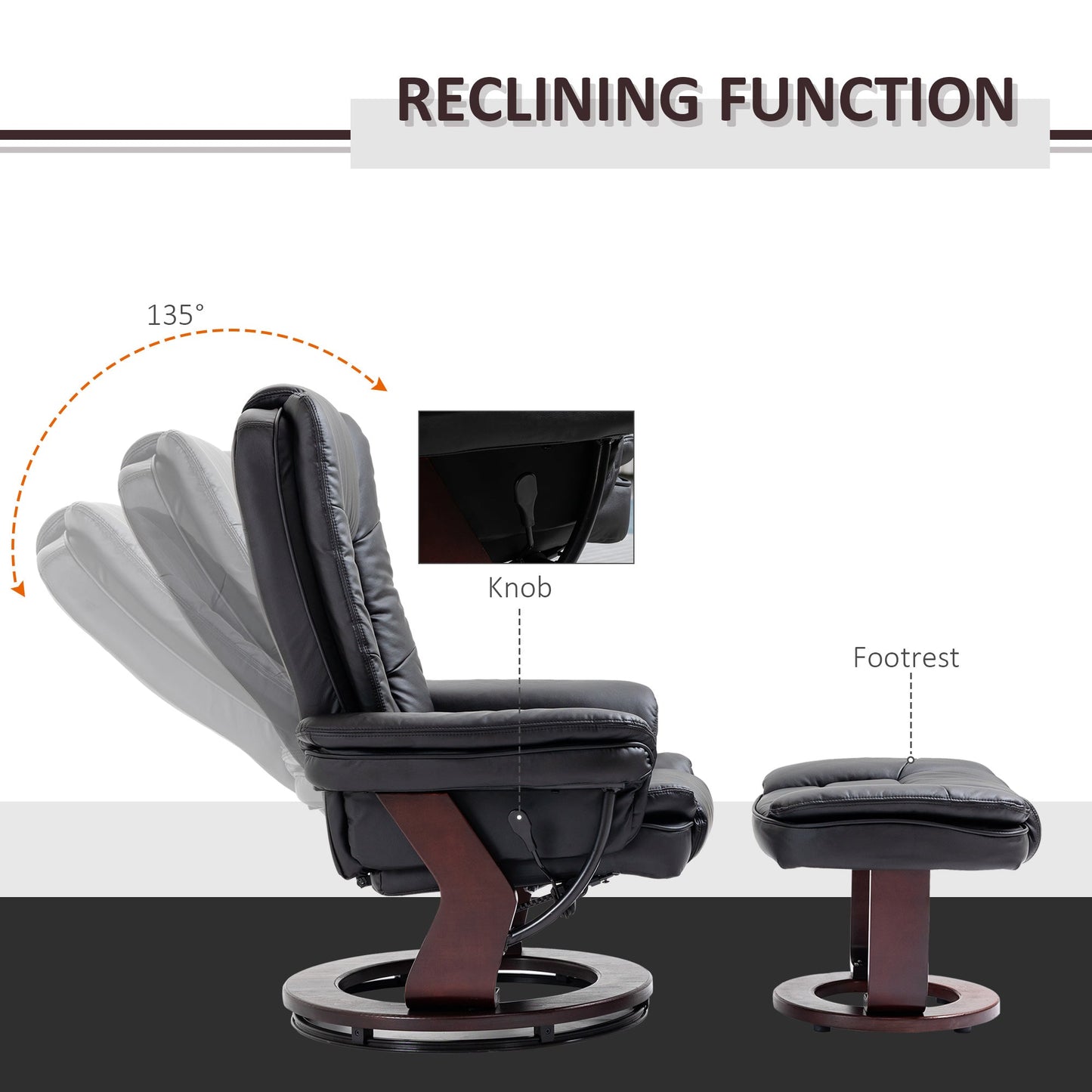 HOMCOM Recliner Chair With footstool, Recliner Armchair up to 130kg Weight Capacity, 135 Reclining Swivel Sofa Chair, PU Leather Ergonomic Couch Bed with Swivel Wood Base for Living Room, Black