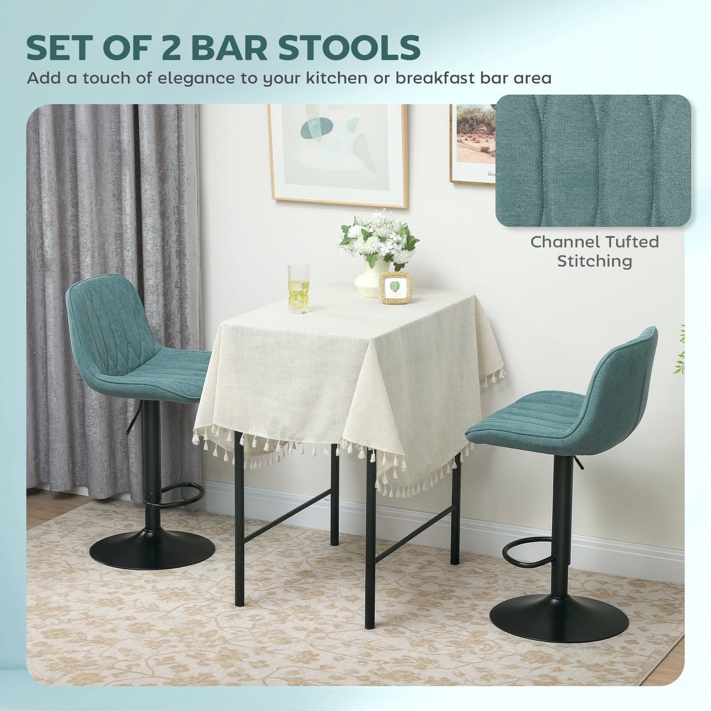 HOMCOM Set of Two Linen-Look Bar Stools - Blue