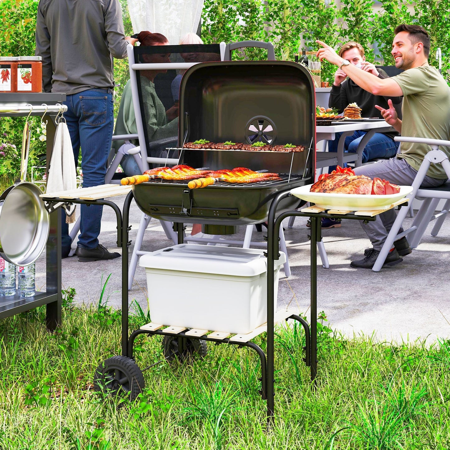 Outsunny Charcoal Barbecue Grill Portable BBQ Grill with 1840 cm√Ç¬≤ Cooking Area, 3 Shelves, Adjustable Vent, Lockable Lid, Wheels for Outdoor Cooking, Garden Party, Red