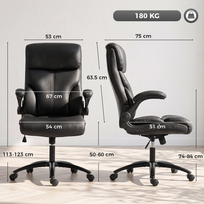 HOMCOM Office Chair, 180kg Heavy Duty PU Leather Computer Desk Chair with Flip-Up Armrests, Wide Seat, Spring Cushion, Black
