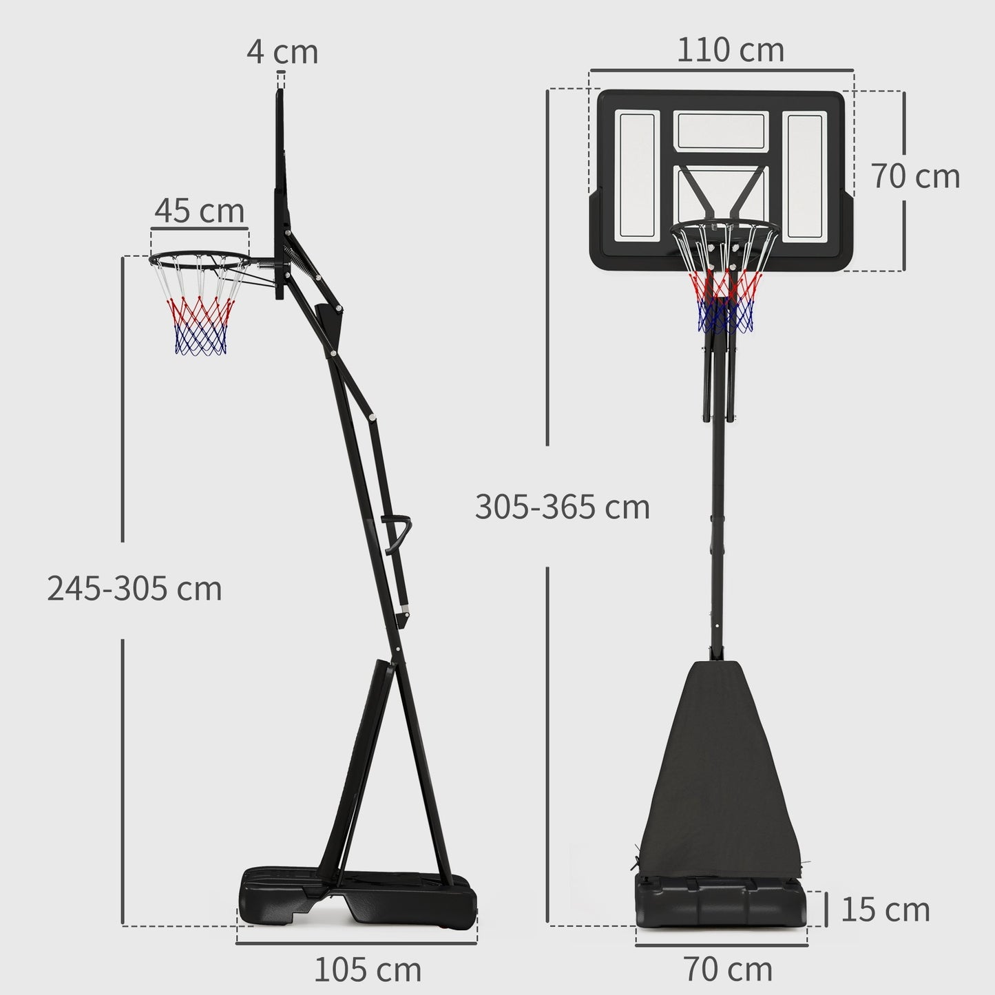 SPORTNOW 245-305cm Adjustable Basketball Hoop and Stand, with Wheels, Black
