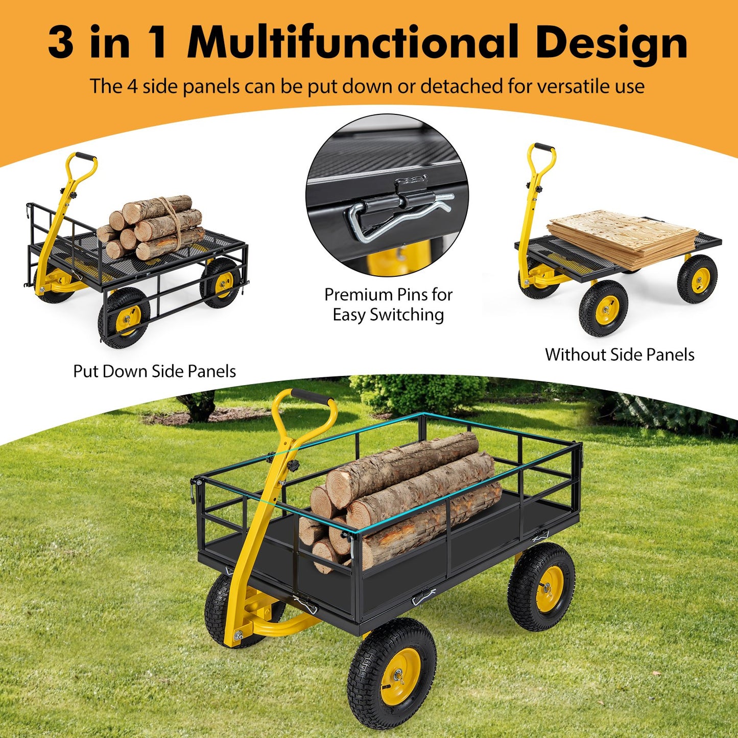 Utility Garden Cart with 180° Rotating Handle and Removable Sides-Black