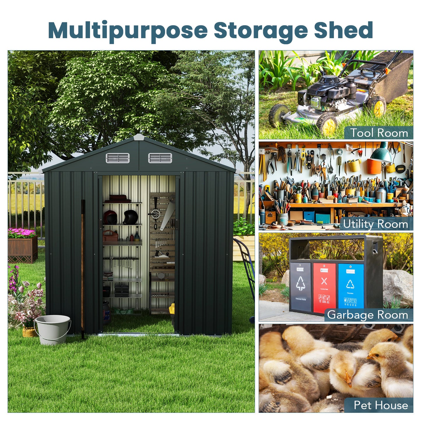 Utility Tool House Garden Storage Shed with Sloping Roof and Air Vents-Grey