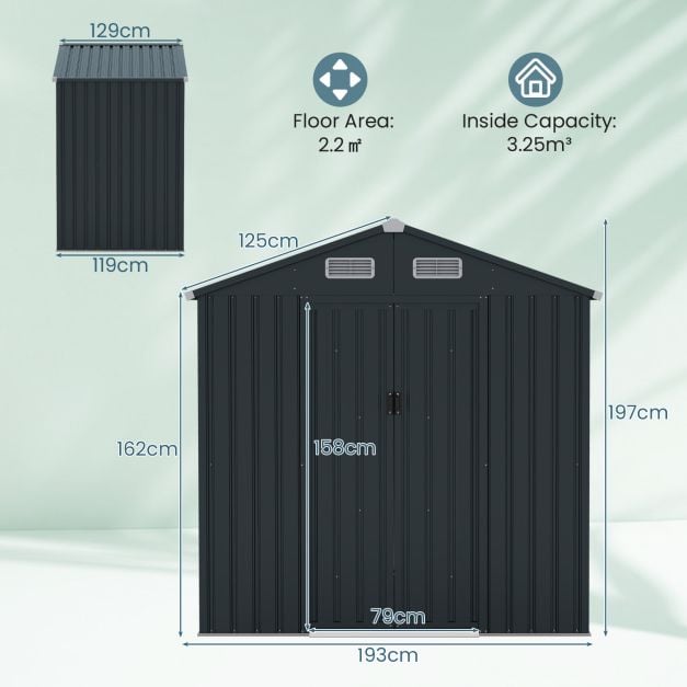 193 x 129 x 196 cm Tool Shed Garden Shed with Sloping Roof Sliding Doors Vents Grey Galvanised Metal Frame