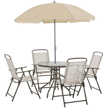 Outsunny Garden Patio Texteline Folding Chairs Plus Table and Parasol Furniture Bistro Set 6 Pieces - Coffee/Cream