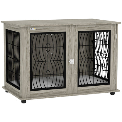PawHut Dog Crate Furniture Table with Soft Washable Cushion and Lockable Door, for Large Indoor Dogs, Grey