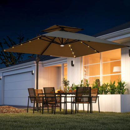 Outsunny 3.5x3 m Garden Cantilever Parasol with Solar LED Lights and Centre Light, UPF50+ Aluminium Patio Umbrella with 360√Ç¬∞ Rotation and Tilt, Hanging Sun Shade with Cross Base, Crank Handle, Khaki