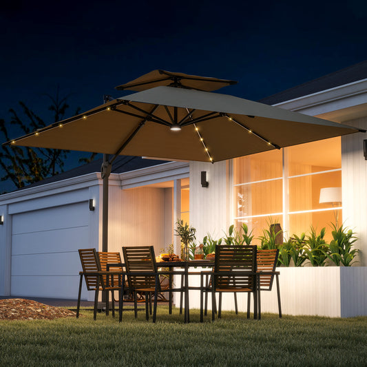 Outsunny 3.5x3 m Garden Cantilever Parasol with Solar LED Lights and Centre Light, UPF50+ Aluminium Patio Umbrella with 360√Ç¬∞ Rotation and Tilt, Hanging Sun Shade with Cross Base, Crank Handle, Khaki