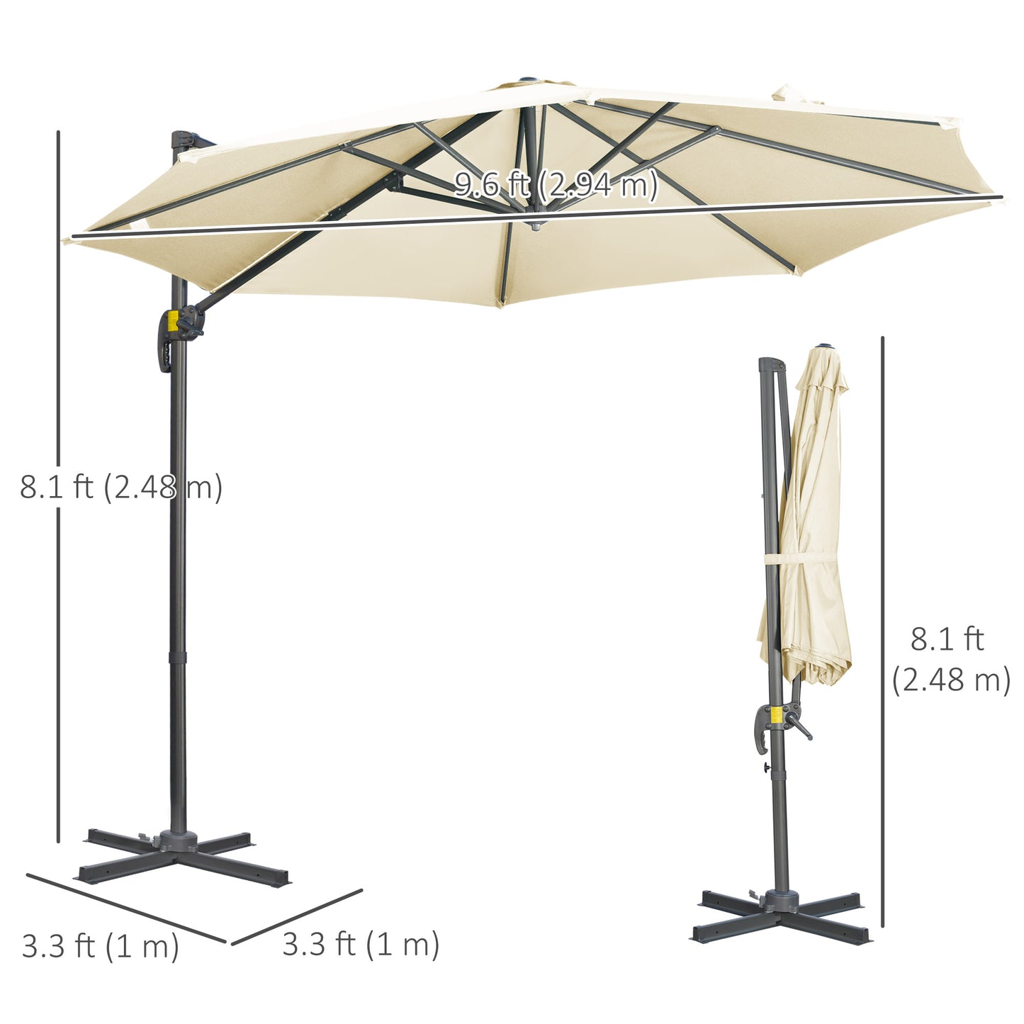Outsunny 3 x 3(m) Parasol wysięgnikowy z podstawą krzyżową, parasol ogrodowy z obrotem 360√Ç¬∞, korbą i pochyleniem do użytku na zewnątrz, na patio, kremowo-biały