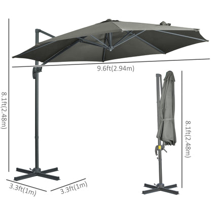 Outsunny 3 x 3(m) Cantilever Parasol with Cross Base, Garden Umbrella with 360 Rotation, Crank Handle and Tilt for Outdoor, Patio, Grey