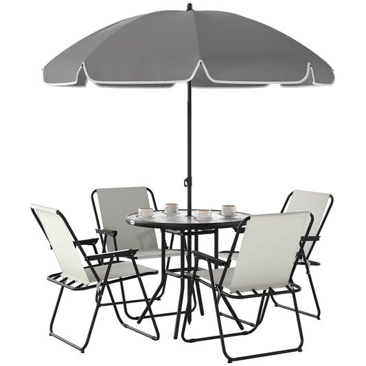 Zestaw mebli ogrodowych Outsunny 4 Seater, 6 elementów, stół ogrodowy i krzesła z parasolem, zestaw jadalny do ogrodu na zewnątrz ze składanymi krzesłami i okrągłym szklanym blatem na patio, kremowo-biały