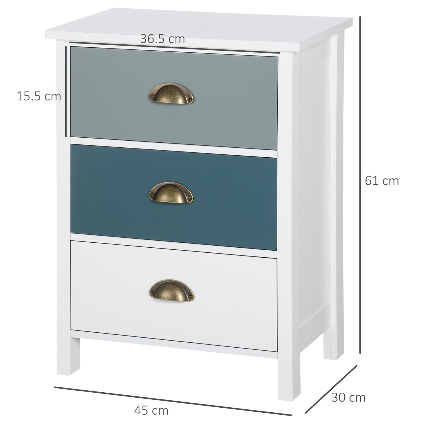 HOMCOM Bedside Table Set of 2 Chest of 3 Drawers Shabby Chic Nightstands with Metal Handle Sofa Side Table for Living Room, Bedroom,Grey and blue