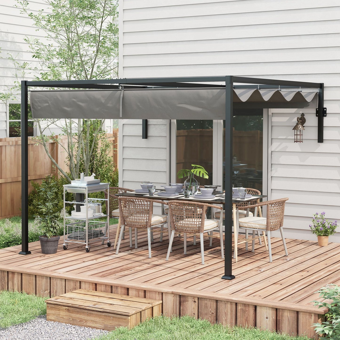 Outsunny 3 x 4m Lean To Pergola، عريشة معدنية مع سقف قابل للسحب للشواية والحديقة والفناء والسطح