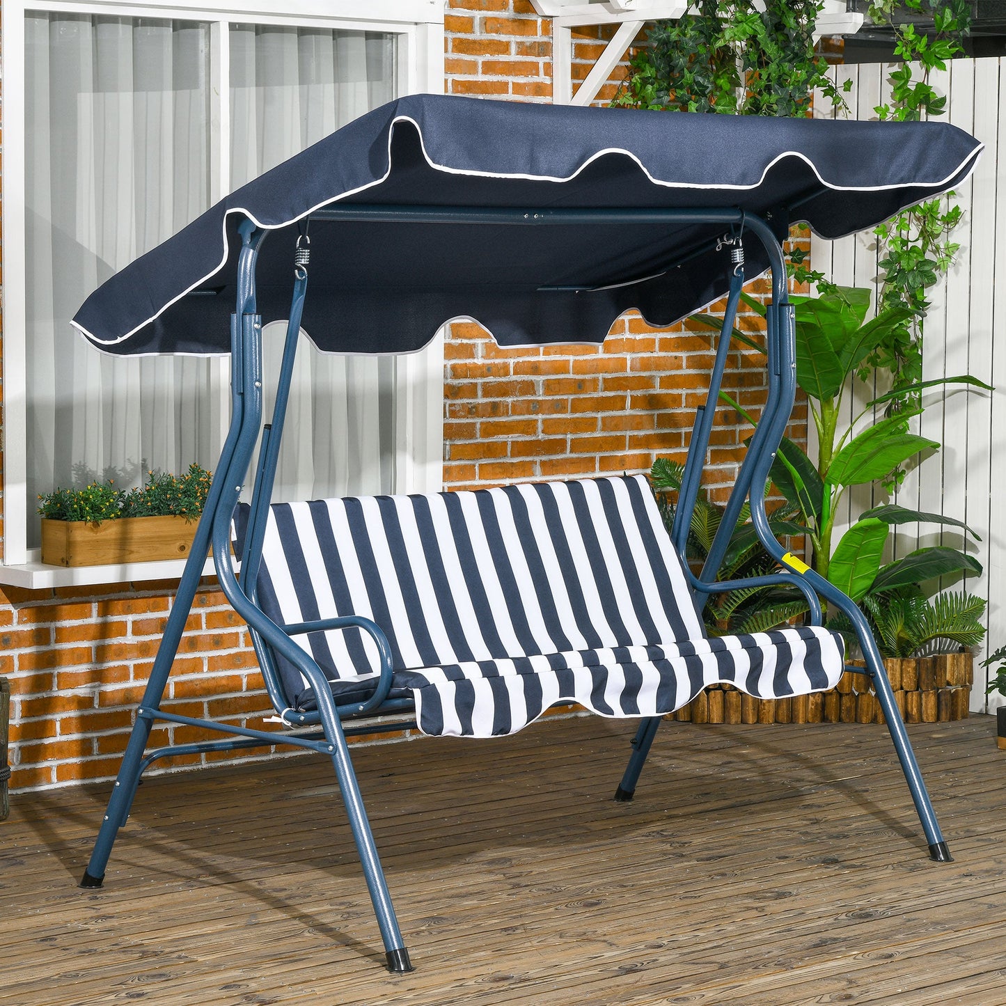 Outsunny 3 Seater Canopy Swing Chair Outdoor Garden Bench with Adjustable Canopy and Metal Frame - Blue Stripes