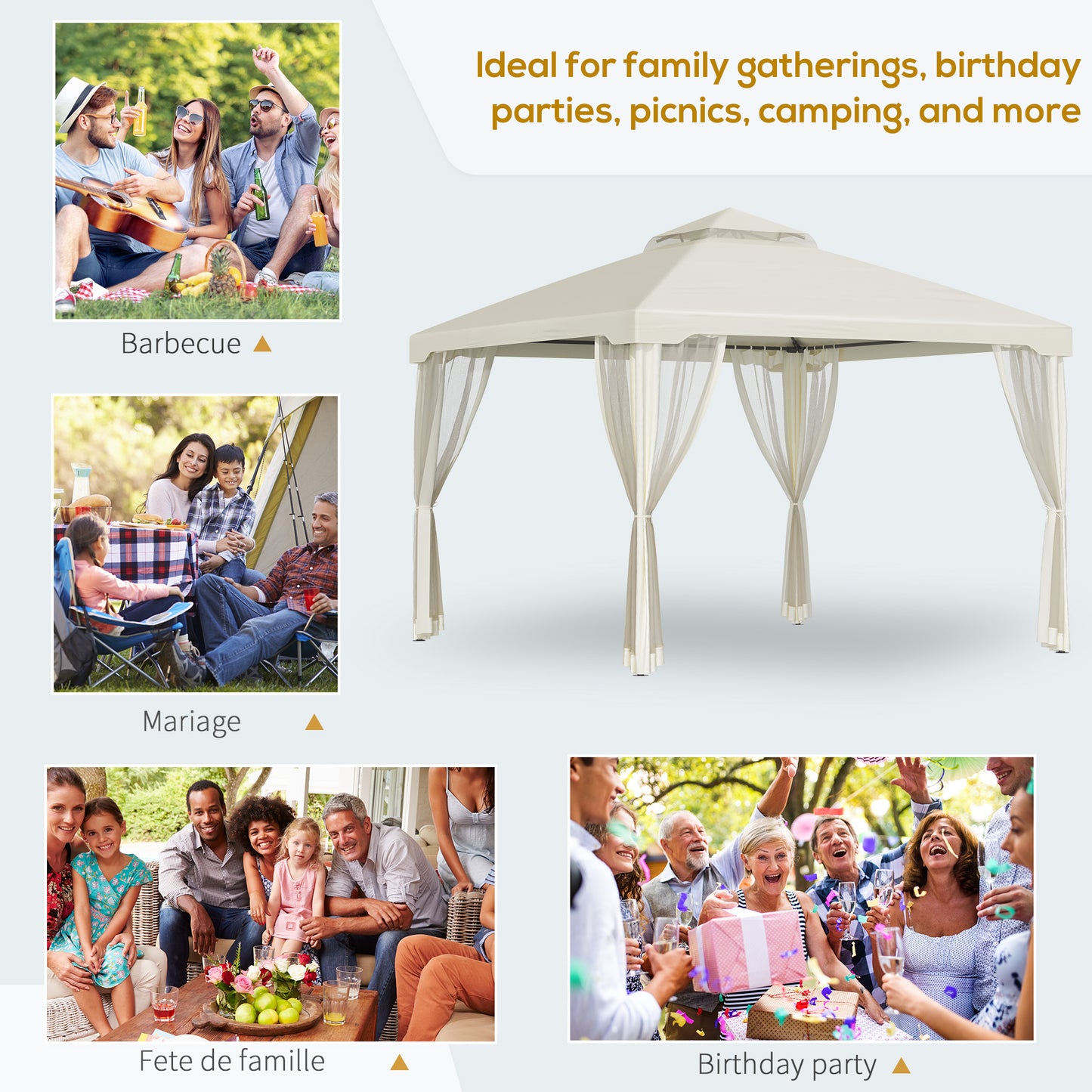 Outsunny 3 x 3 m Metal Gazebo, Garden Pavillion, Double√Ç Roof Outdoor Canopy Shelter with Mesh Sidewalls, Cream White