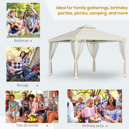 Outsunny 3 x 3 m Metal Gazebo, Garden Pavillion, Double√Ç Roof Outdoor Canopy Shelter with Mesh Sidewalls, Cream White