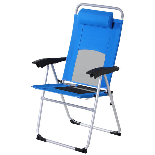 Outsunny Folding Camping Chair, Patio Armchair, 3-Position Adjustable Recliner Reclining Seat with Pillow for Outdoor Garden - Blue