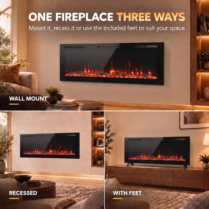 HOMCOM 3 IN 1 Slim Electric Fire, Wall Mounted/Recessed/Freestanding, Electric Fireplace with 12 Flame Colours, 5 Brightness