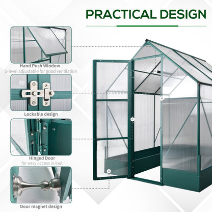 Outsunny Garden Walk-in Aluminium Greenhouse Polycarbonate with Plant Bed, Temperature Controlled Window, Foundation, 6 x 6ft