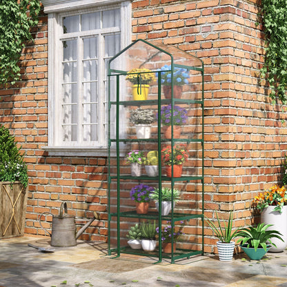 Outsunny 5 Tier Mini Szklarnia, Mała Szklarnia z Wzmocnioną Plastikową Osłoną, Domek Ogrodowy z Drzwiami Zwijanymi i Półkami, 69 x 49 x 193 cm, Zielony