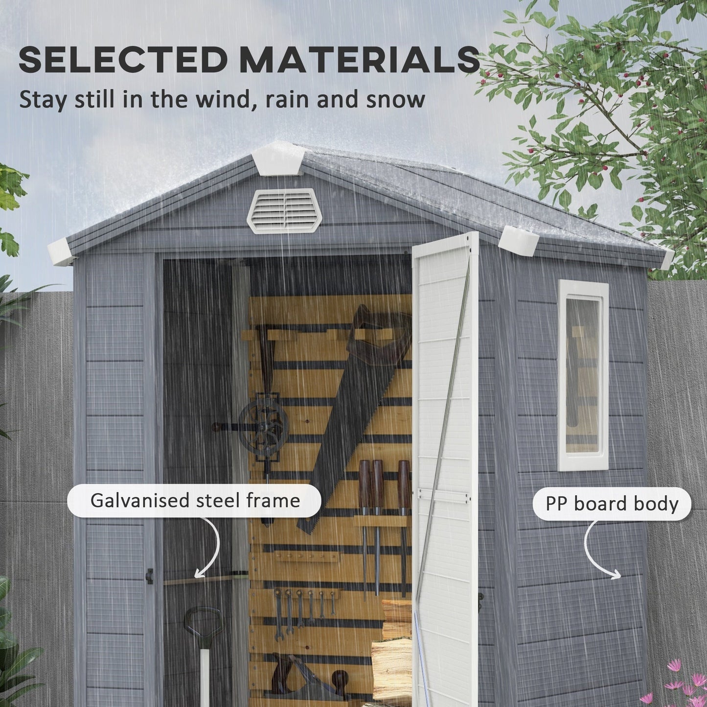 Outsunny 4 x 3ft Garden Shed with Foundation Kit, Polypropylene Outdoor Storage Tool House with Ventilation Slots and Lockable Door, Grey