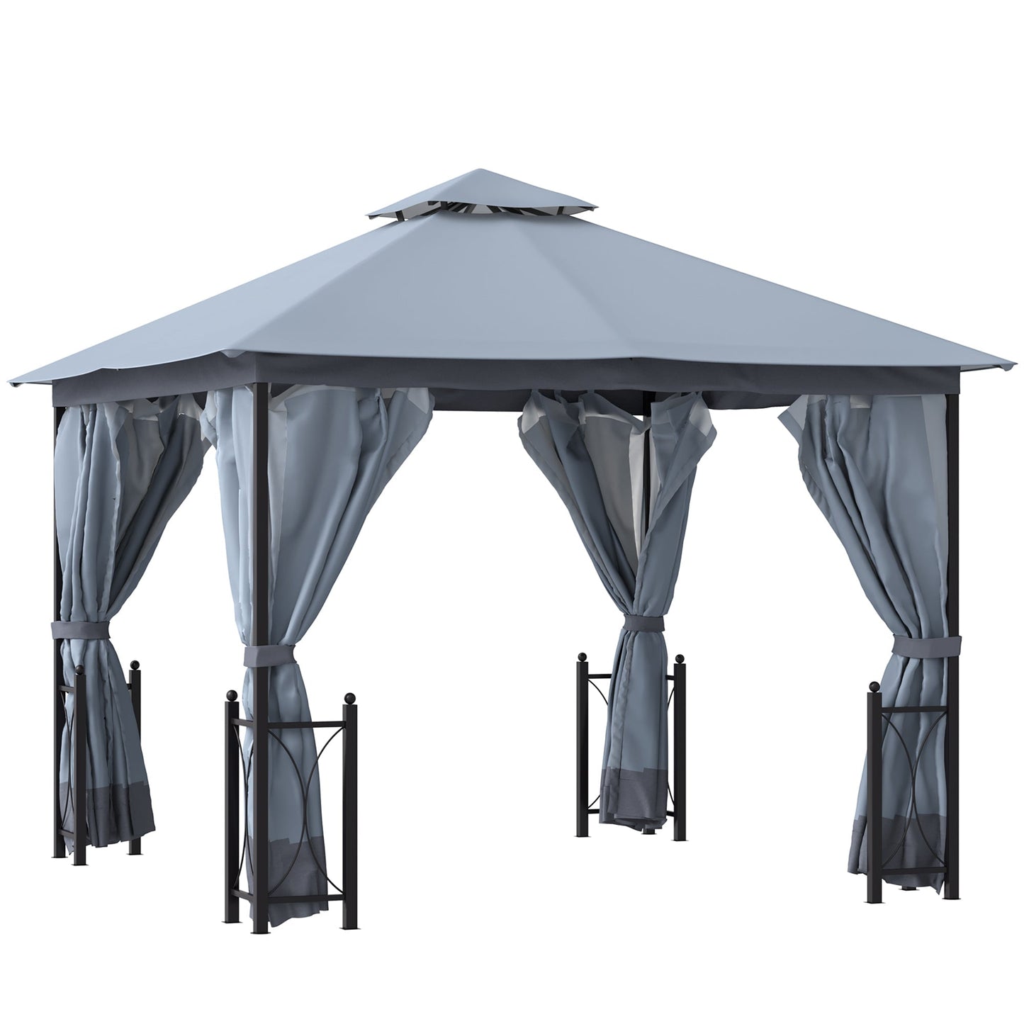 Outsunny 4 x 3.35(m) Patio Metal Gazebo Canopy Garden Tent Sun Shade, Outdoor Shelter with 2 Tier Roof, Netting and Curtains, Steel Frame, Grey