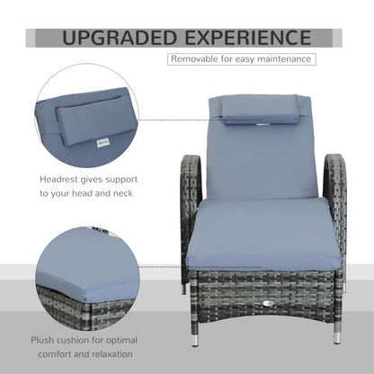 Outsunny Garden Rattan Furniture Pojedynczy leżak ogrodowy z funkcją rozkładania Fotel ogrodowy z plecionki z wikliny Regulowany zagłówek z ognioodporną poduszką - szary