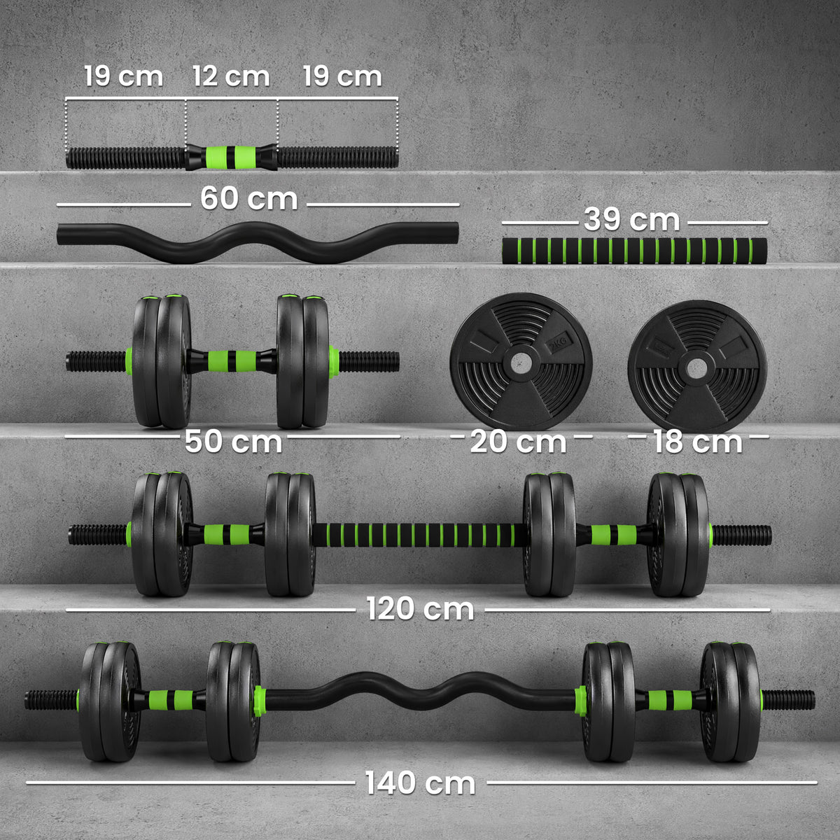 SPORTNOW 15 kg 3-in-1 Adjustable Dumbbell & Barbell Set with EZ Bar, Connecting Rod and Non-Slip Grip for Home Gym, Green