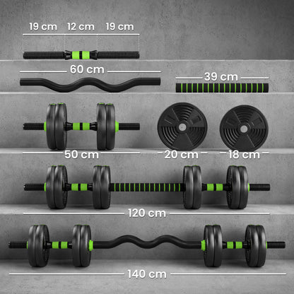 SPORTNOW 15 kg 3-in-1 Adjustable Dumbbell & Barbell Set with EZ Bar, Connecting Rod and Non-Slip Grip for Home Gym, Green