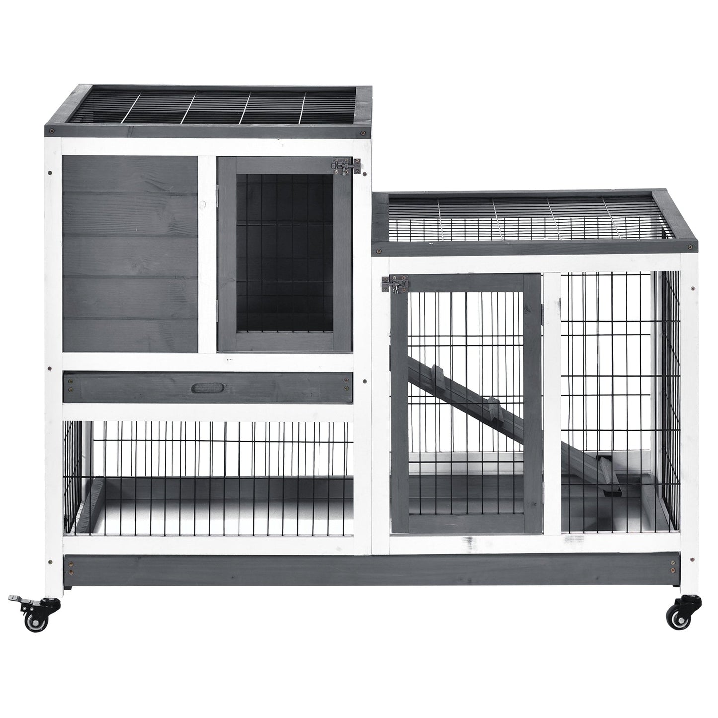 PawHut Wooden Indoor Guinea Pigs Hutches Elevated Cage Habitat with Enclosed Run with Wheels, Ideal for Rabbits and Guinea Pigs, Grey and White