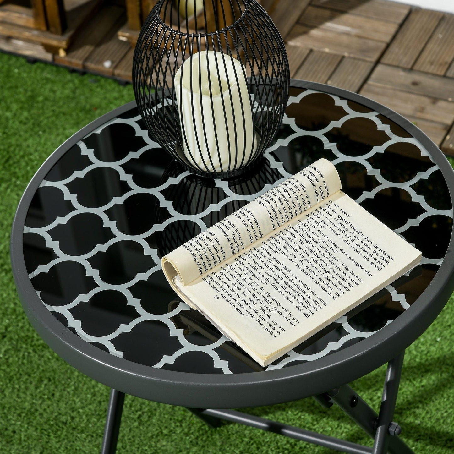 Outsunny _45cm Garden Side Table, Outdoor Round Folding Patio Table with Imitation Marble Glass Top, Small Coffee Table, Black and White