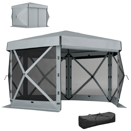 Outsunny 3 x 3(m) Sześciokątny namiot typu pop-up z 5 bokami i torbą transportową, wodoodporny, odporny na promieniowanie UV namiot imprezowy, natychmiastowe schronienie na imprezy z siatką do ogrodu, patio, jasnoszary