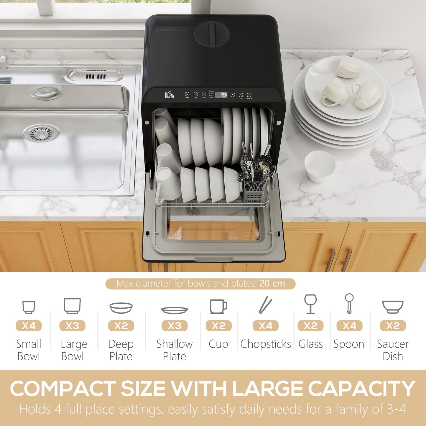 HOMCOM 6L Five-Mode Tabletop Dishwasher - Black